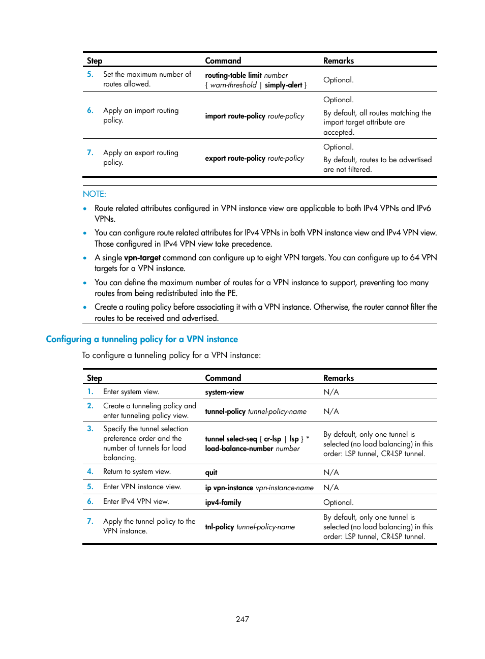 Configuring a tunneling policy for a vpn instance | H3C Technologies H3C SR8800 User Manual | Page 258 / 410