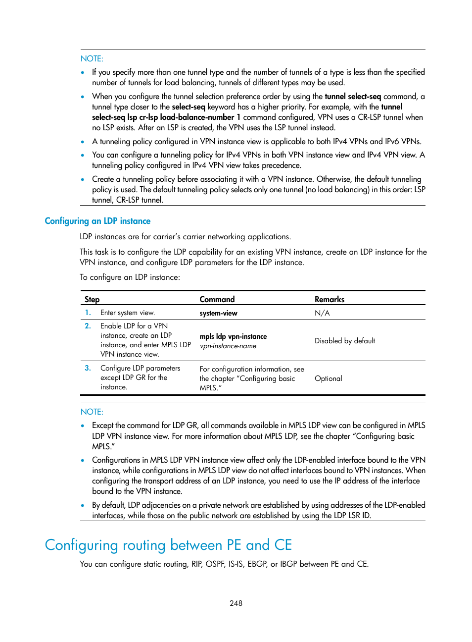 Configuring an ldp instance, Configuring routing between pe and ce | H3C Technologies H3C SR8800 User Manual | Page 259 / 410