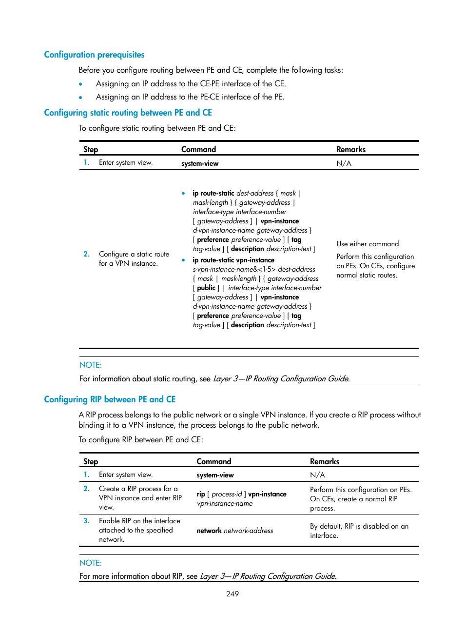 Configuration prerequisites, Configuring static routing between pe and ce, Configuring rip between pe and ce | H3C Technologies H3C SR8800 User Manual | Page 260 / 410