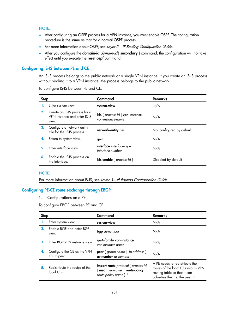 Configuring is-is between pe and ce, Configuring pe-ce route exchange through ebgp | H3C Technologies H3C SR8800 User Manual | Page 262 / 410