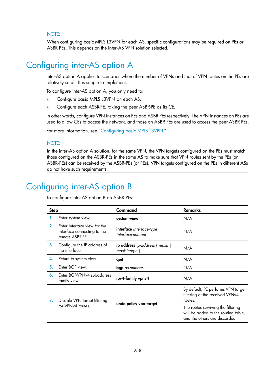 Configuring inter-as option a, Configuring inter-as option b | H3C Technologies H3C SR8800 User Manual | Page 269 / 410