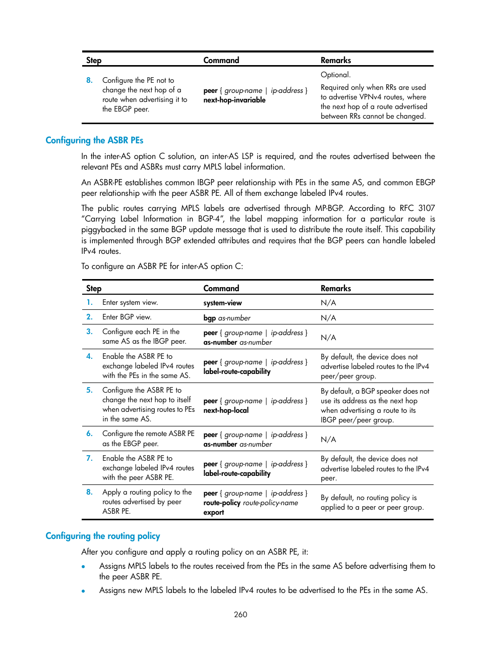 Configuring the asbr pes, Configuring the routing policy | H3C Technologies H3C SR8800 User Manual | Page 271 / 410