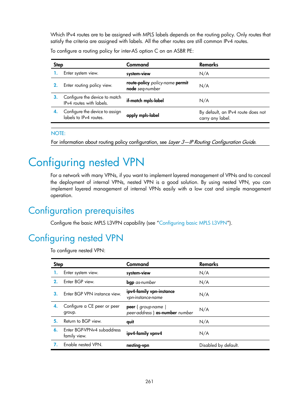 Configuring nested vpn, Configuration prerequisites | H3C Technologies H3C SR8800 User Manual | Page 272 / 410