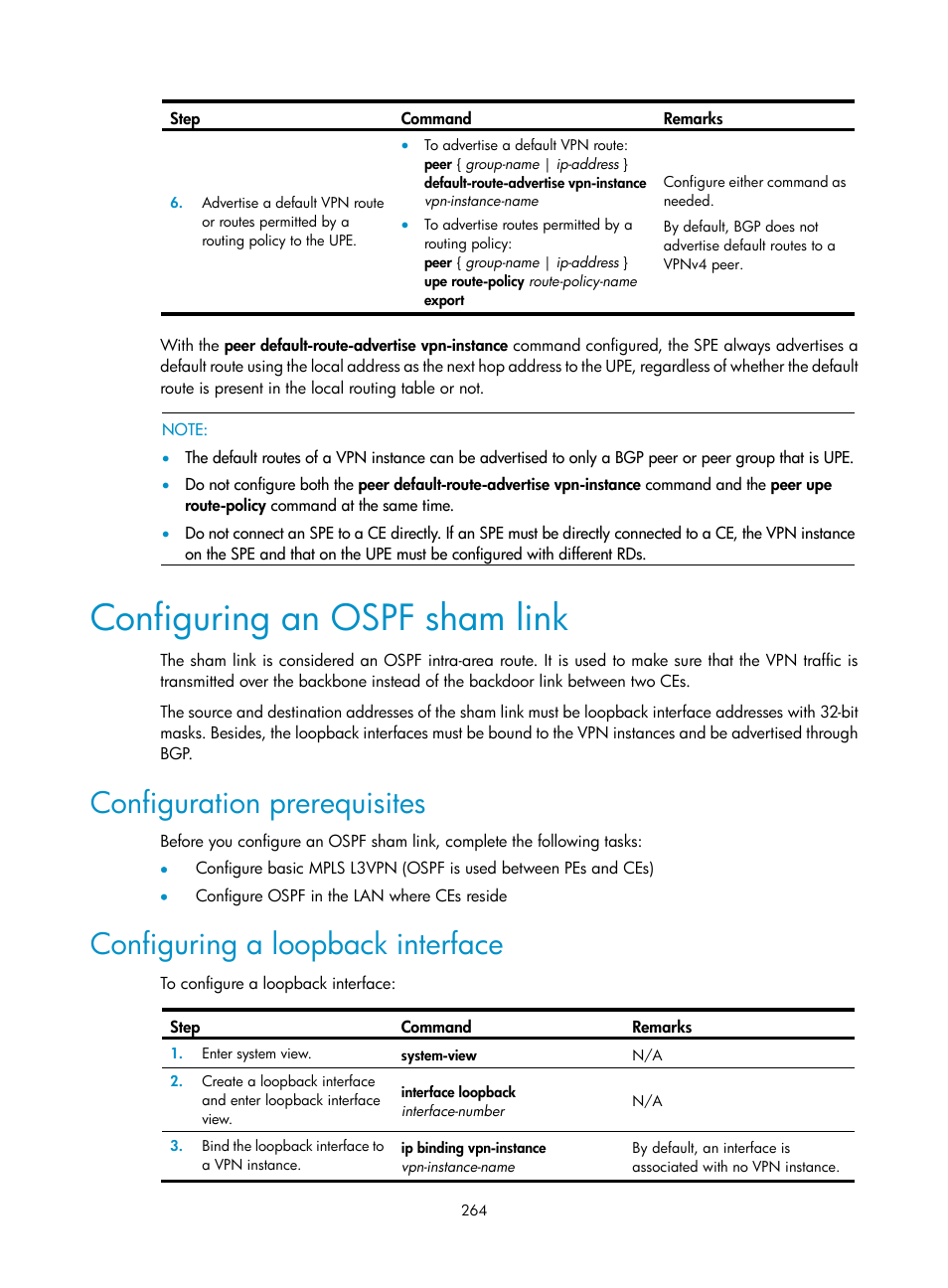 Configuring an ospf sham link, Configuration prerequisites, Configuring a loopback interface | H3C Technologies H3C SR8800 User Manual | Page 275 / 410