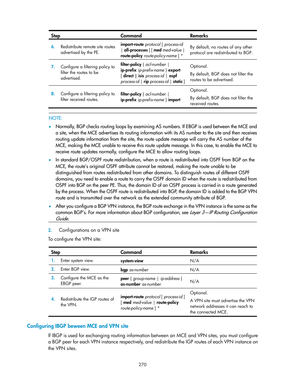 Configuring ibgp beween mce and vpn site | H3C Technologies H3C SR8800 User Manual | Page 281 / 410