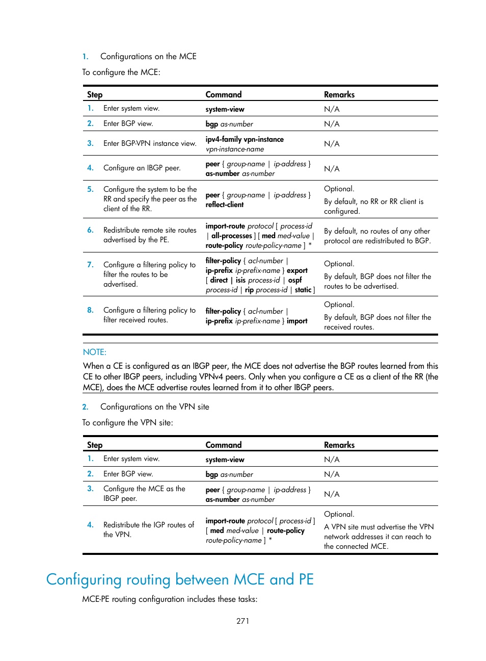 Configuring routing between mce and pe | H3C Technologies H3C SR8800 User Manual | Page 282 / 410