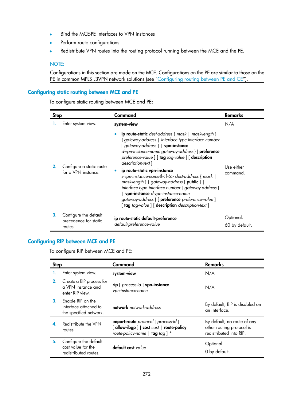 Configuring static routing between mce and pe, Configuring rip between mce and pe | H3C Technologies H3C SR8800 User Manual | Page 283 / 410