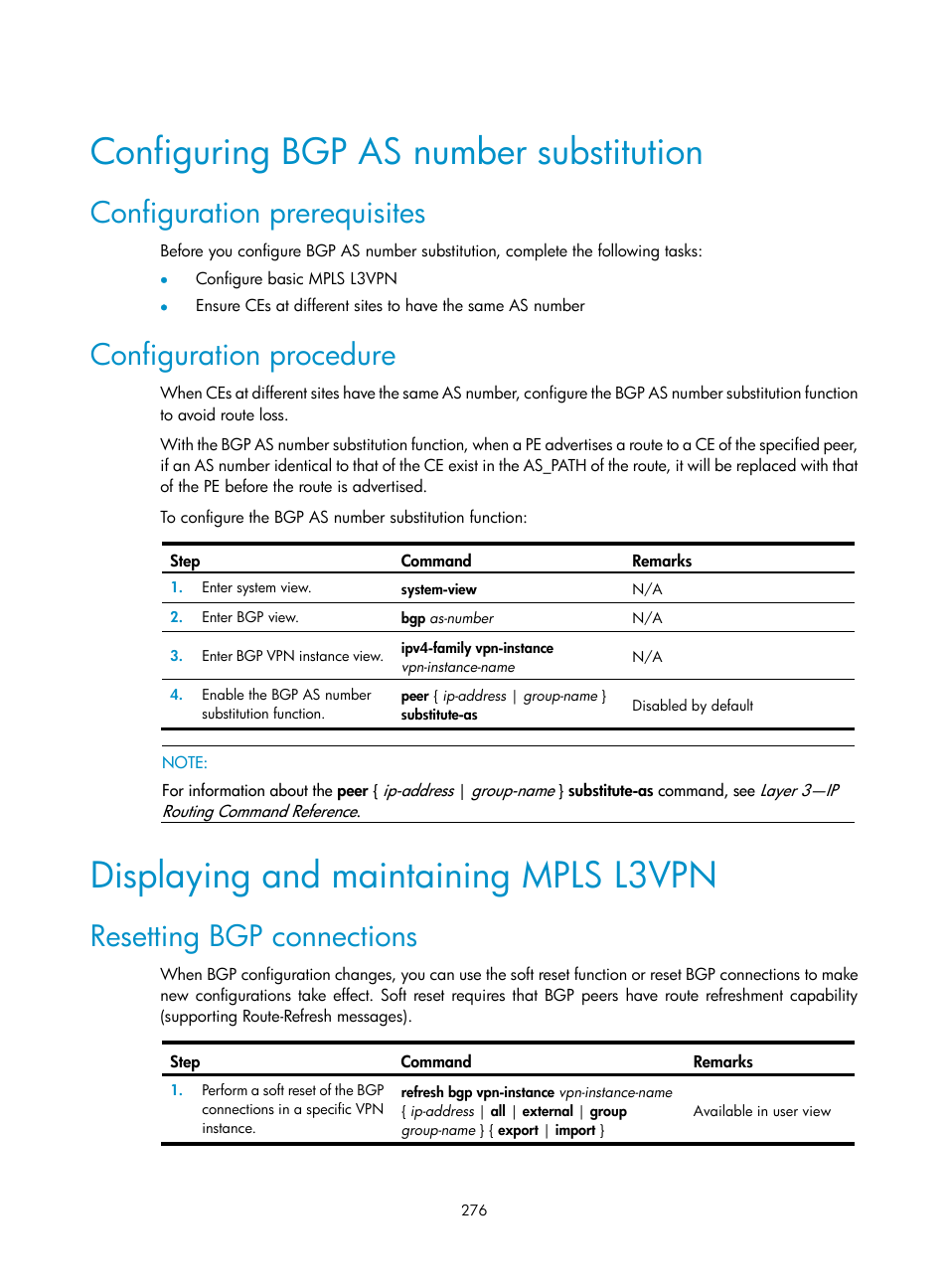 Configuring bgp as number substitution, Configuration prerequisites, Configuration procedure | Displaying and maintaining mpls l3vpn, Resetting bgp connections | H3C Technologies H3C SR8800 User Manual | Page 287 / 410