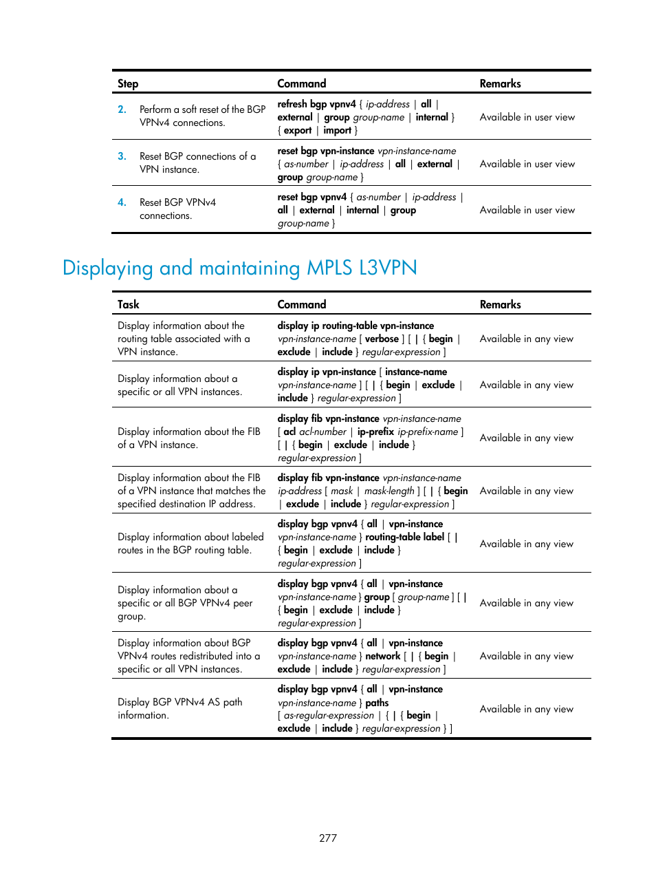 Displaying and maintaining mpls l3vpn | H3C Technologies H3C SR8800 User Manual | Page 288 / 410