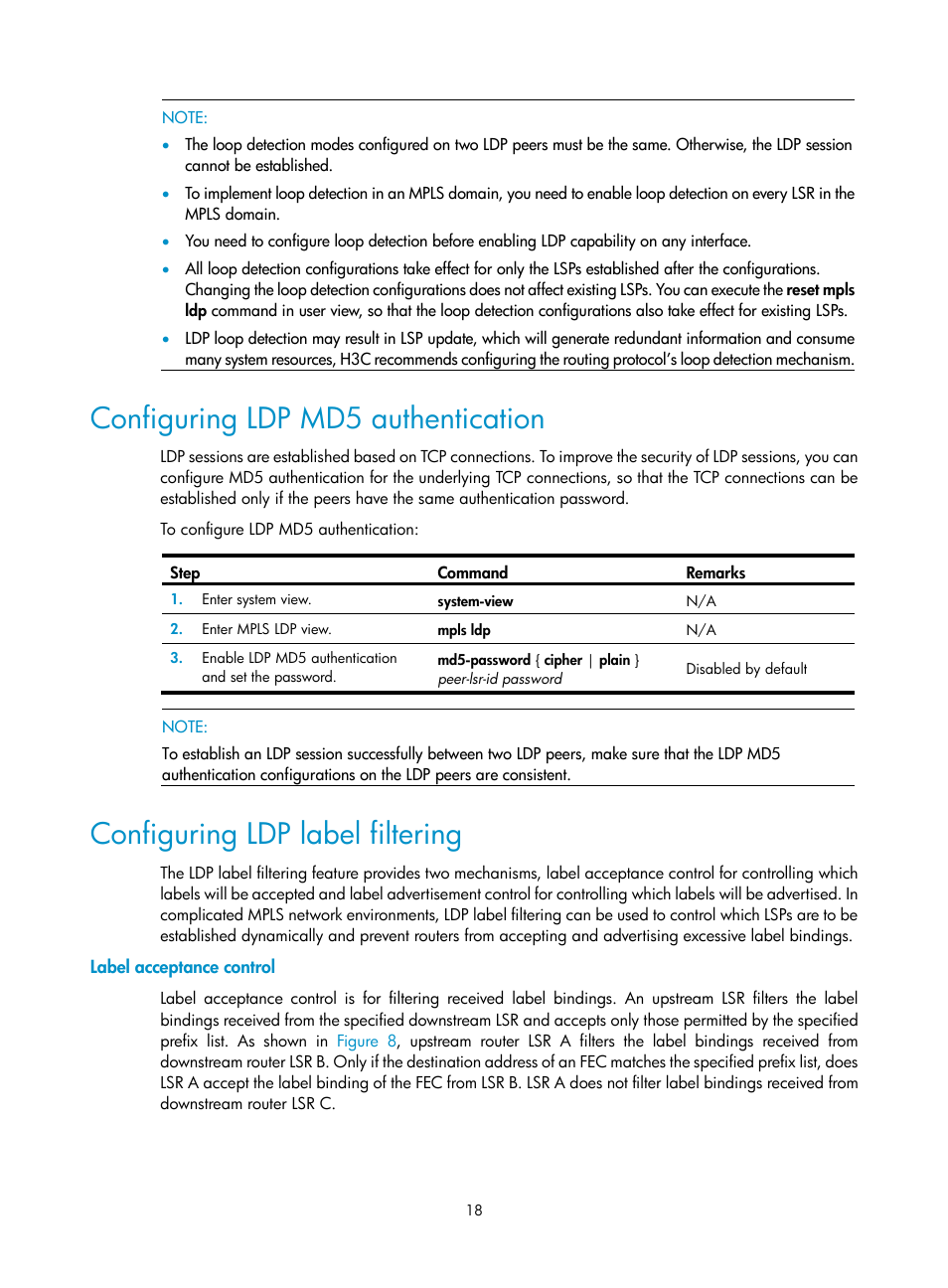 Configuring ldp md5 authentication, Configuring ldp label filtering, Label acceptance control | H3C Technologies H3C SR8800 User Manual | Page 29 / 410