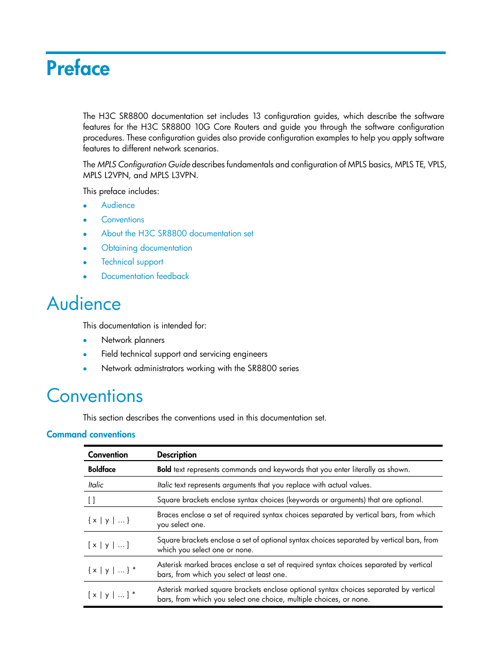 Preface, Audience, Conventions | Command conventions | H3C Technologies H3C SR8800 User Manual | Page 3 / 410