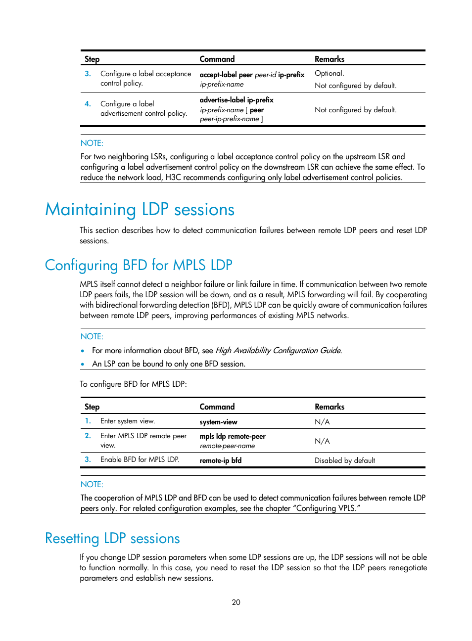 Maintaining ldp sessions, Configuring bfd for mpls ldp, Resetting ldp sessions | H3C Technologies H3C SR8800 User Manual | Page 31 / 410