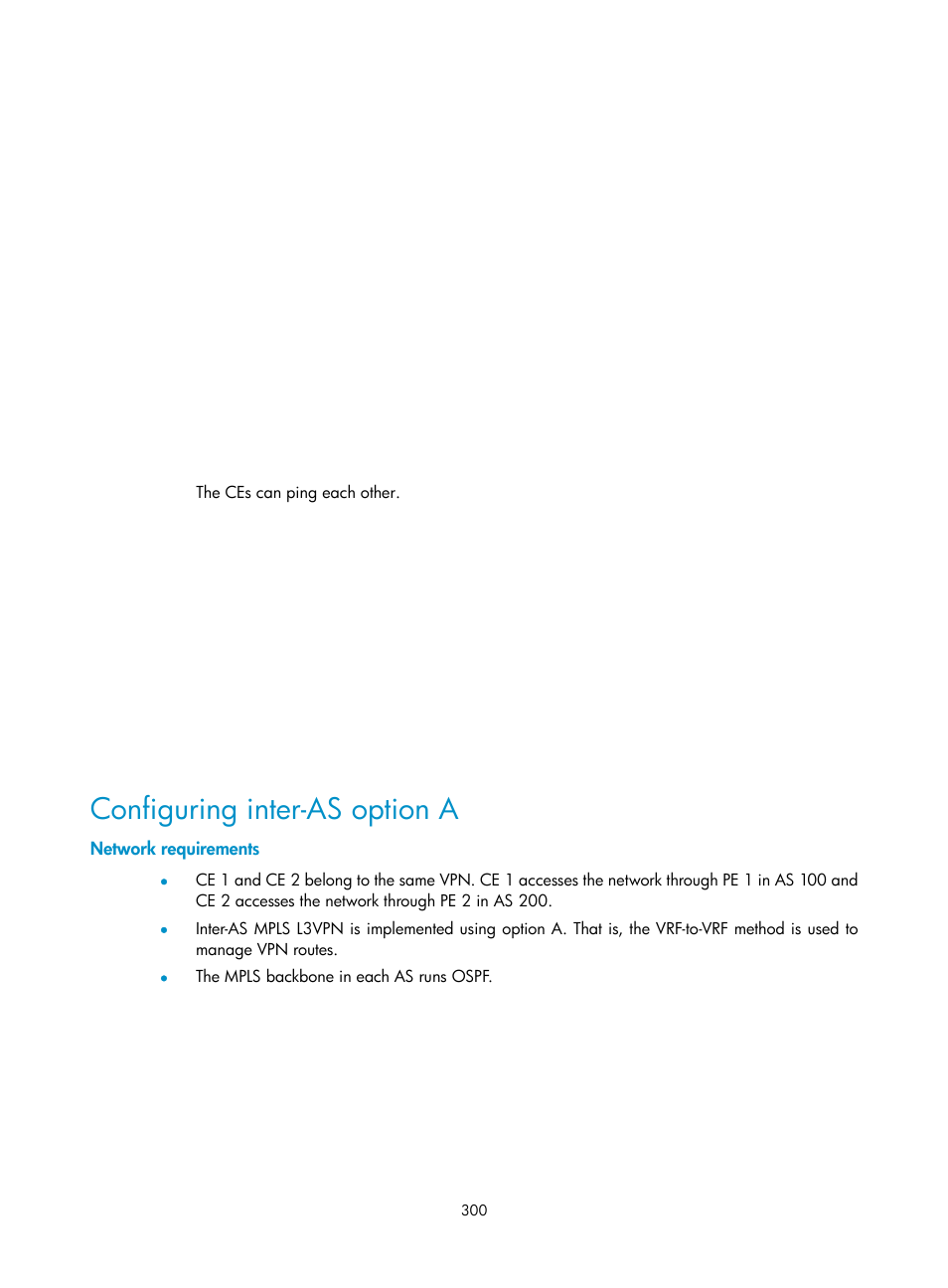 Configuring inter-as option a, Network requirements | H3C Technologies H3C SR8800 User Manual | Page 311 / 410