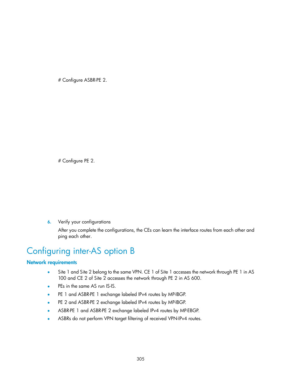 Configuring inter-as option b, Network requirements | H3C Technologies H3C SR8800 User Manual | Page 316 / 410