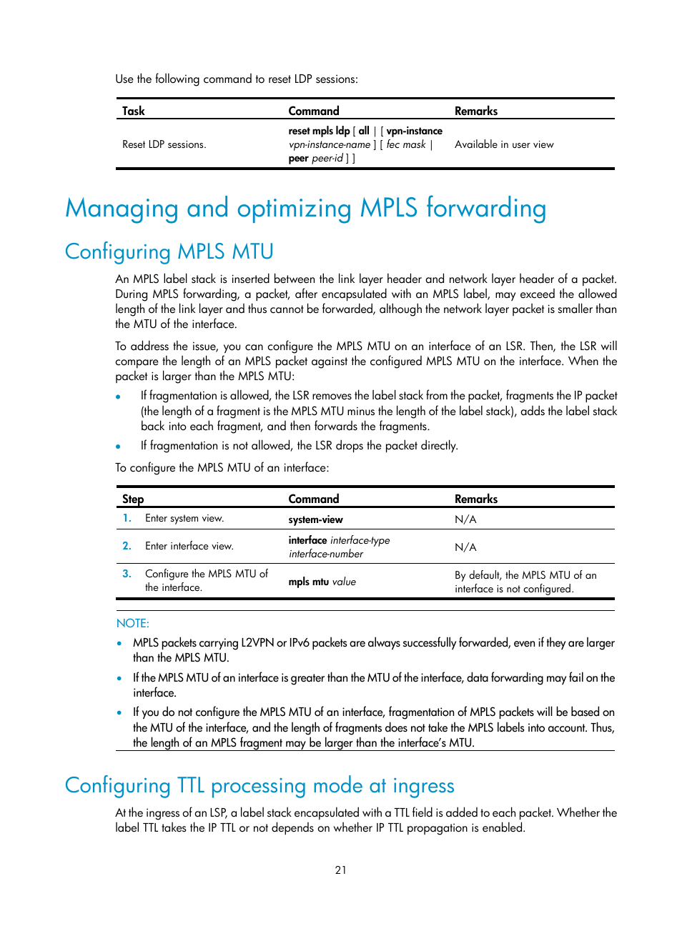 Managing and optimizing mpls forwarding, Configuring mpls mtu, Configuring ttl processing mode at ingress | H3C Technologies H3C SR8800 User Manual | Page 32 / 410