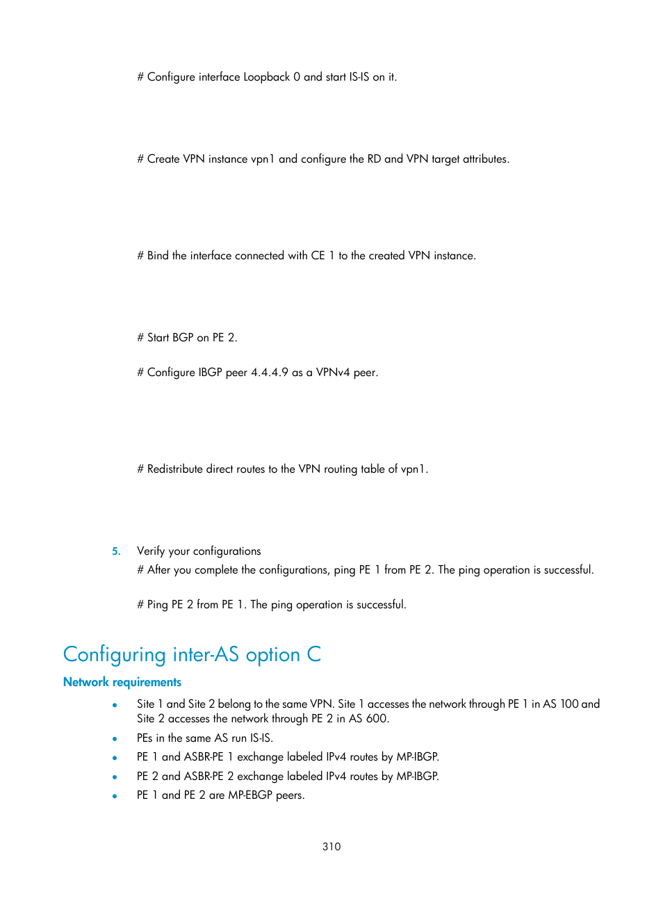 Configuring inter-as option c, Network requirements | H3C Technologies H3C SR8800 User Manual | Page 321 / 410