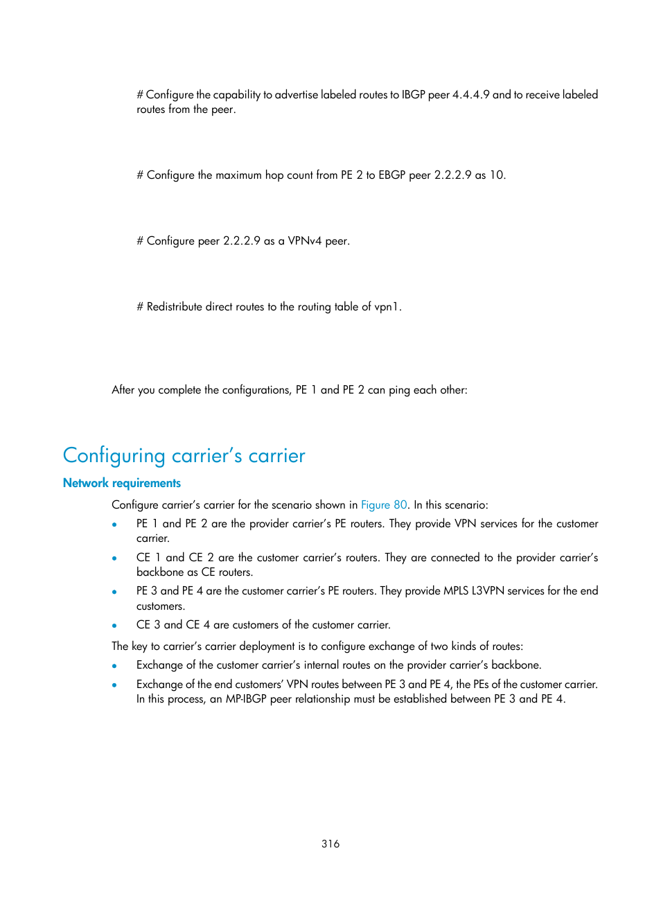 Configuring carrier’s carrier, Network requirements | H3C Technologies H3C SR8800 User Manual | Page 327 / 410