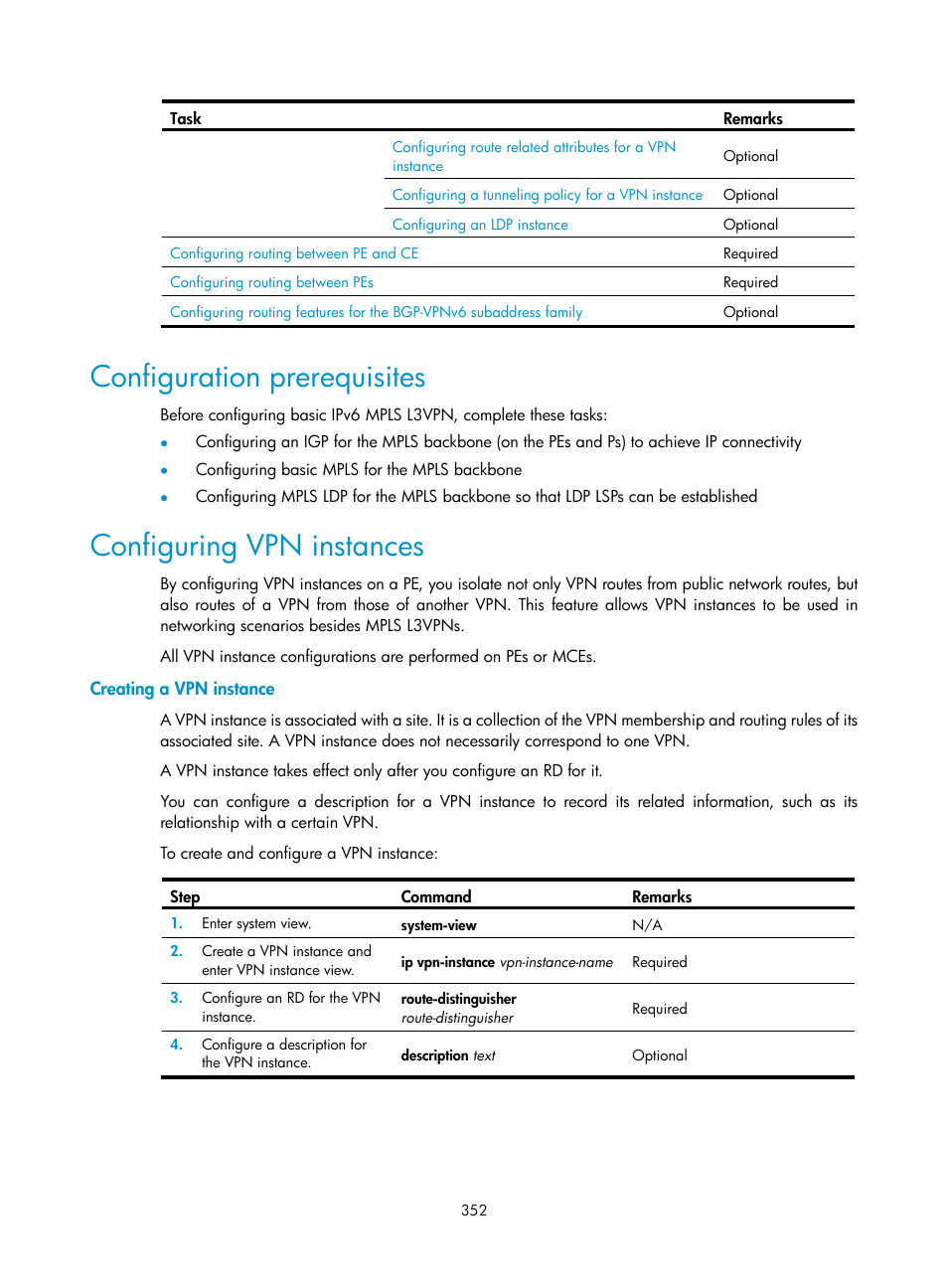 Configuration prerequisites, Configuring vpn instances, Creating a vpn instance | H3C Technologies H3C SR8800 User Manual | Page 363 / 410