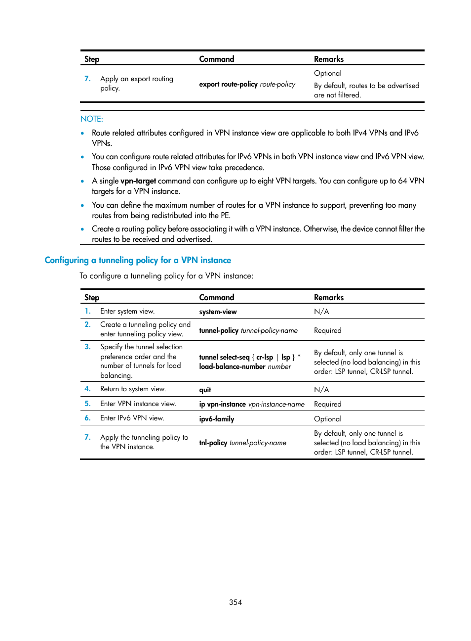 Configuring a tunneling policy for a vpn instance | H3C Technologies H3C SR8800 User Manual | Page 365 / 410