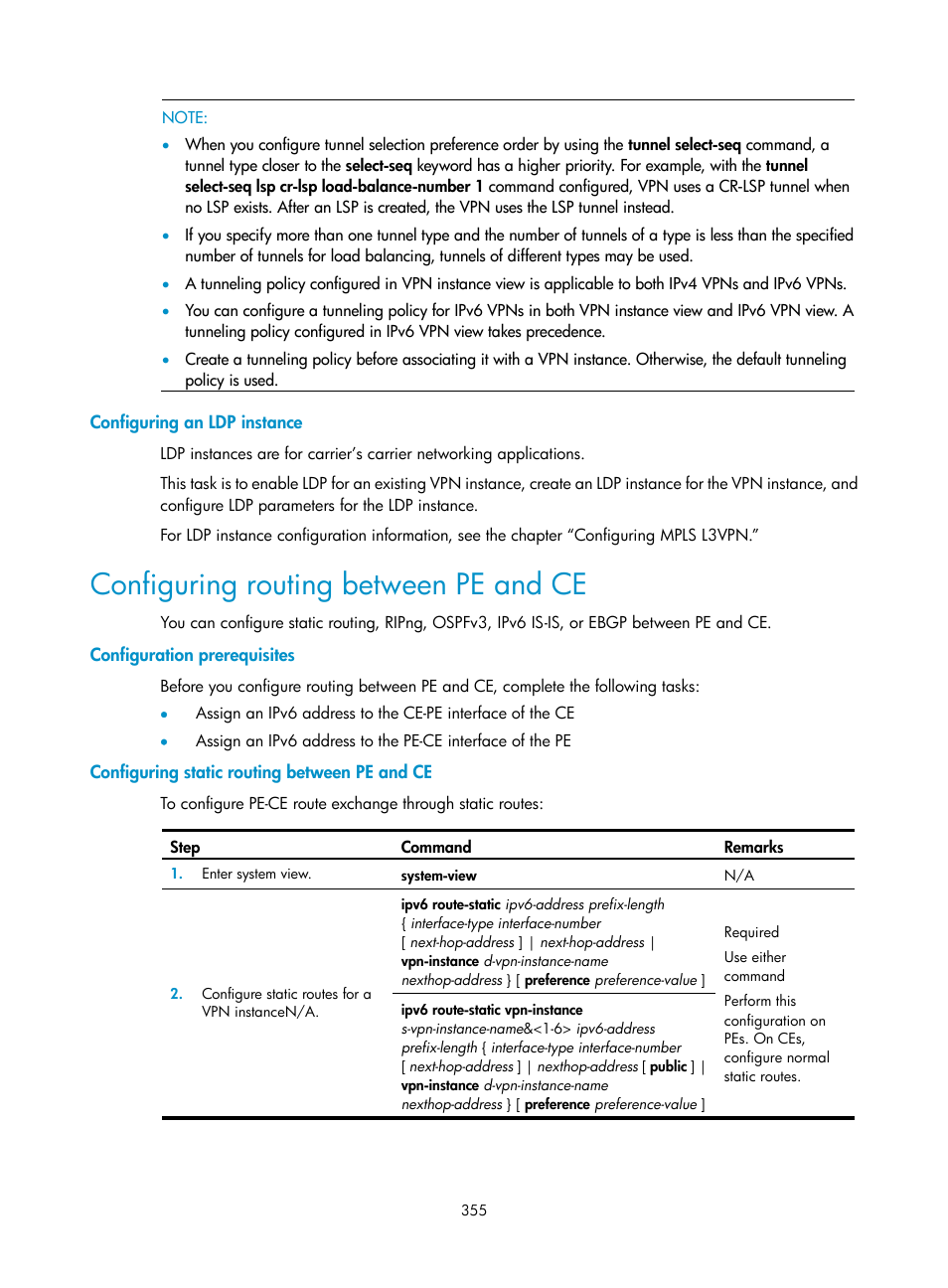 Configuring an ldp instance, Configuring routing between pe and ce, Configuration prerequisites | Configuring static routing between pe and ce | H3C Technologies H3C SR8800 User Manual | Page 366 / 410