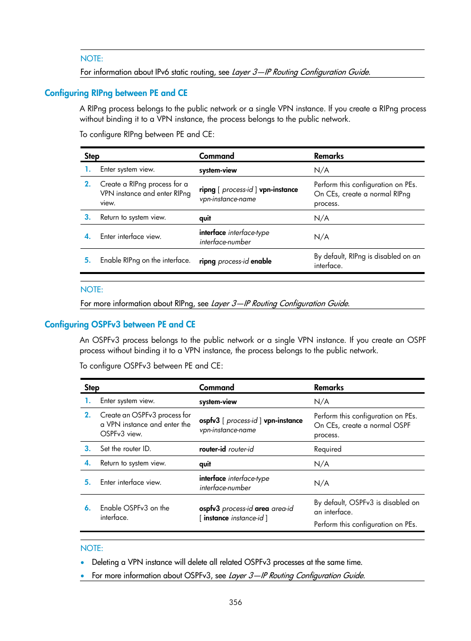 Configuring ripng between pe and ce, Configuring ospfv3 between pe and ce | H3C Technologies H3C SR8800 User Manual | Page 367 / 410