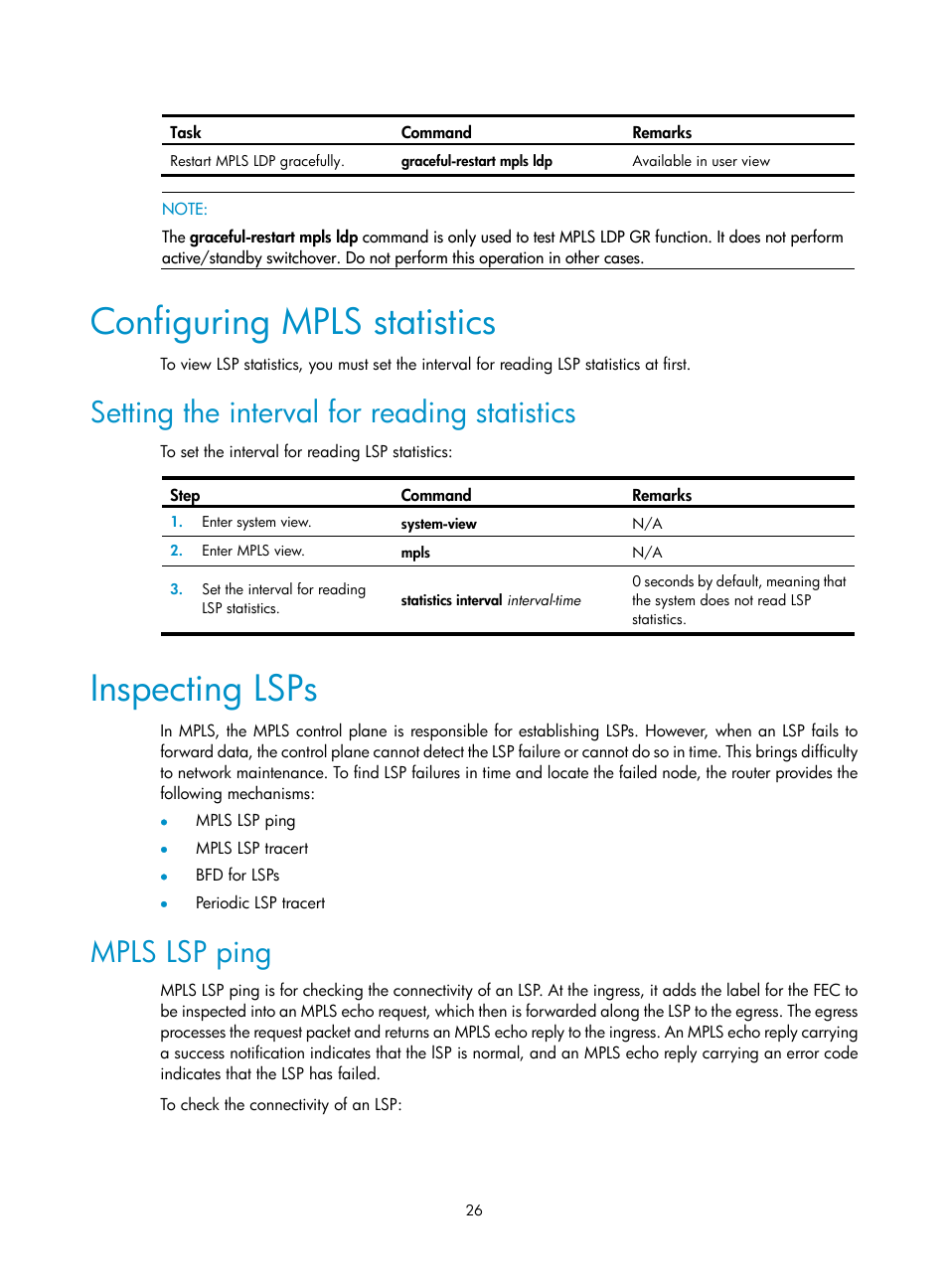 Configuring mpls statistics, Setting the interval for reading statistics, Inspecting lsps | Mpls lsp ping | H3C Technologies H3C SR8800 User Manual | Page 37 / 410