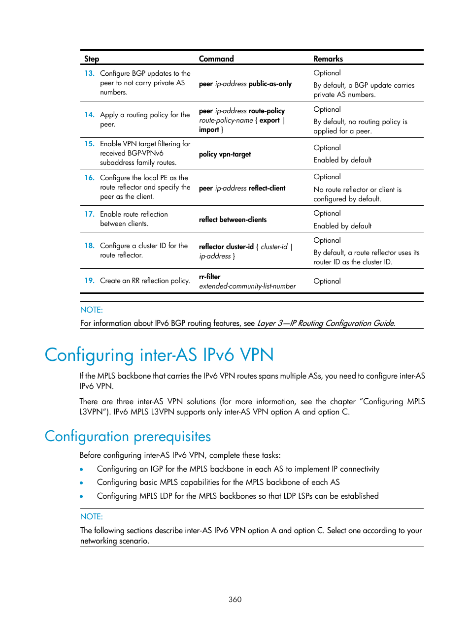 Configuring inter-as ipv6 vpn, Configuration prerequisites | H3C Technologies H3C SR8800 User Manual | Page 371 / 410