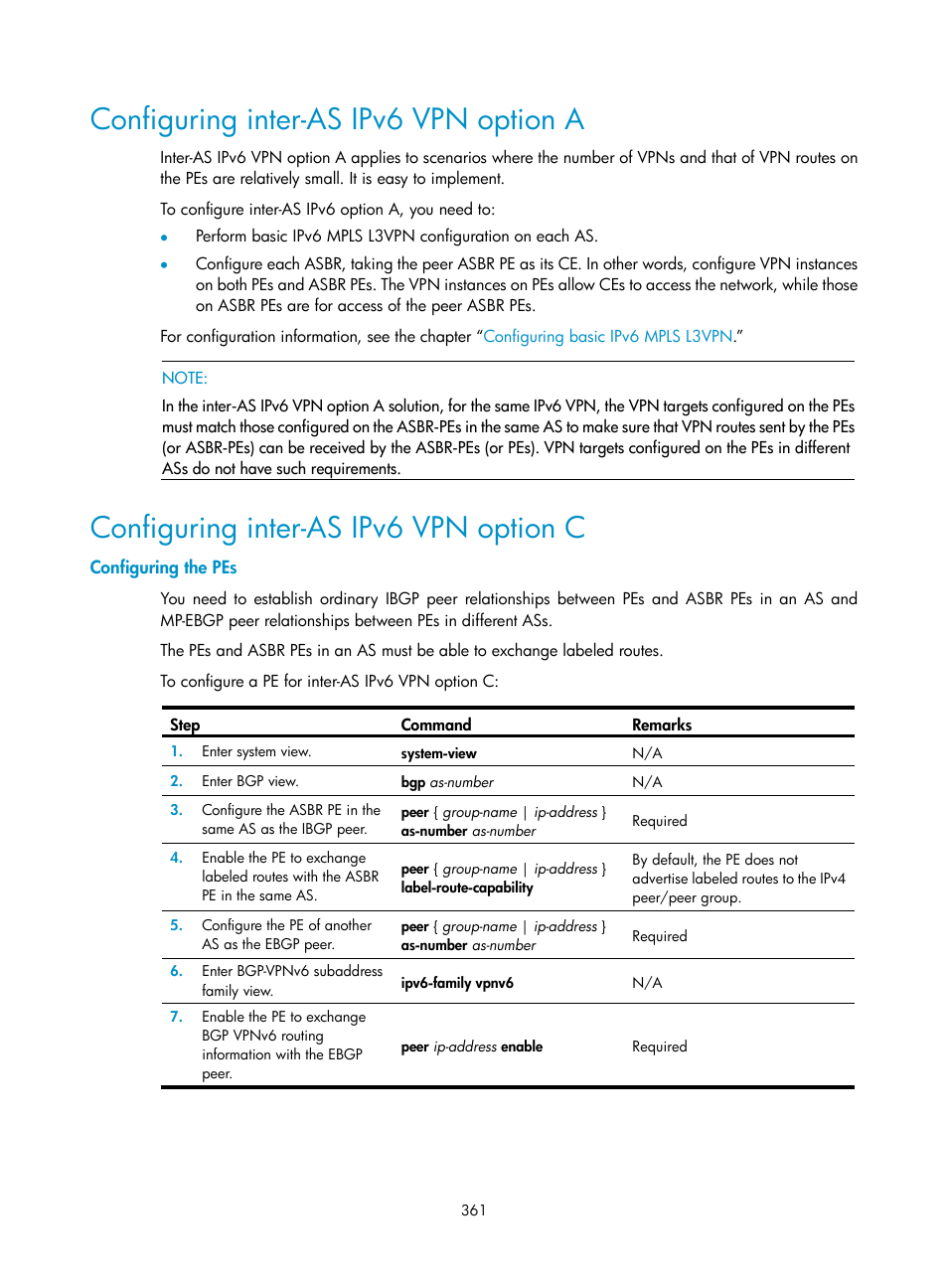 Configuring inter-as ipv6 vpn option a, Configuring inter-as ipv6 vpn option c, Configuring the pes | H3C Technologies H3C SR8800 User Manual | Page 372 / 410