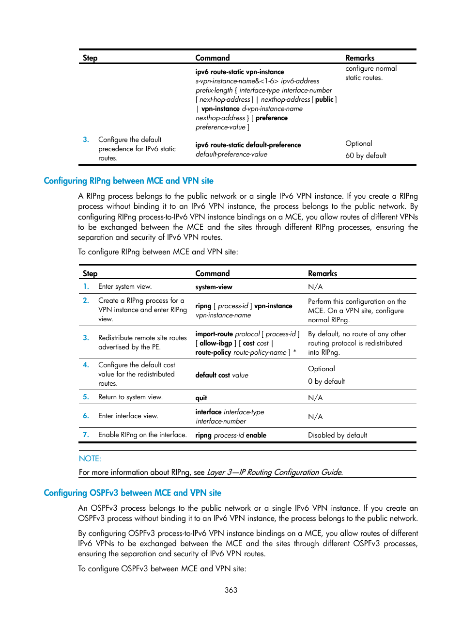 Configuring ripng between mce and vpn site, Configuring ospfv3 between mce and vpn site | H3C Technologies H3C SR8800 User Manual | Page 374 / 410