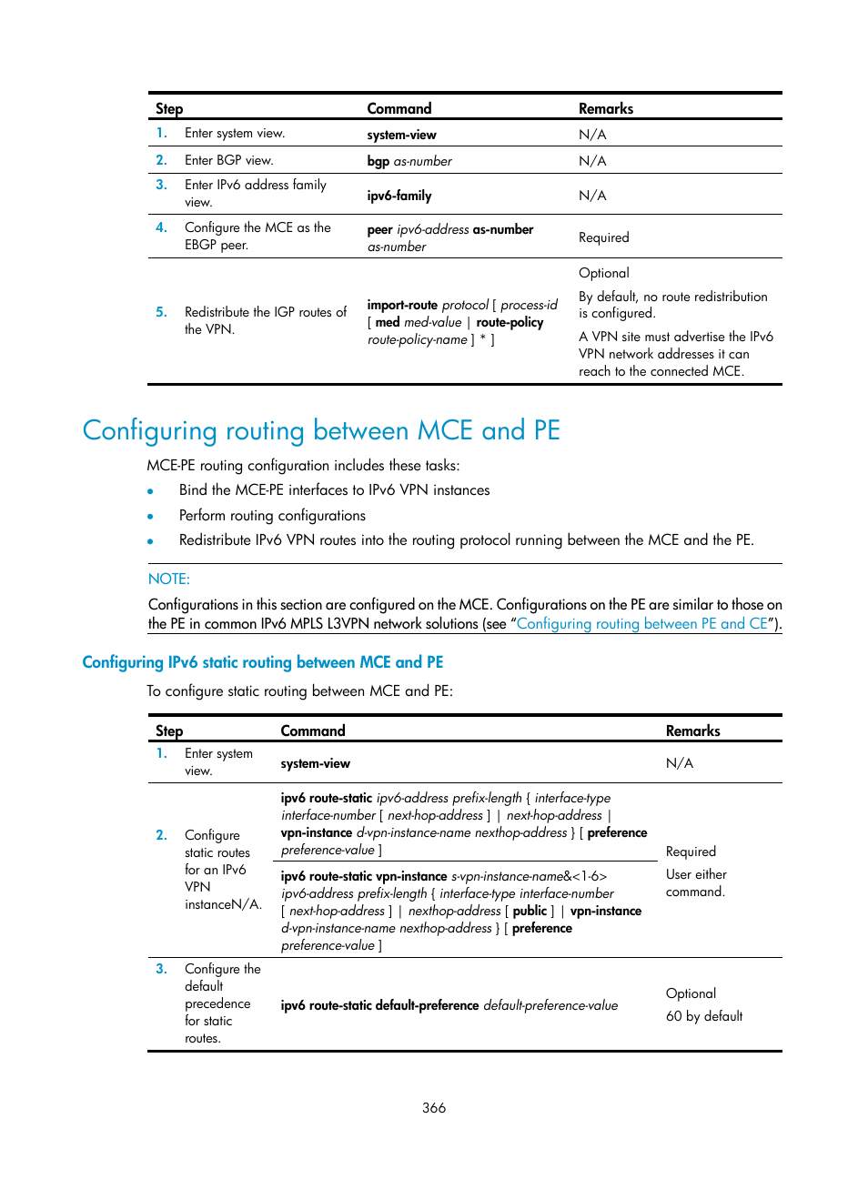 Configuring routing between mce and pe, Configuring ipv6 static routing between mce and pe | H3C Technologies H3C SR8800 User Manual | Page 377 / 410