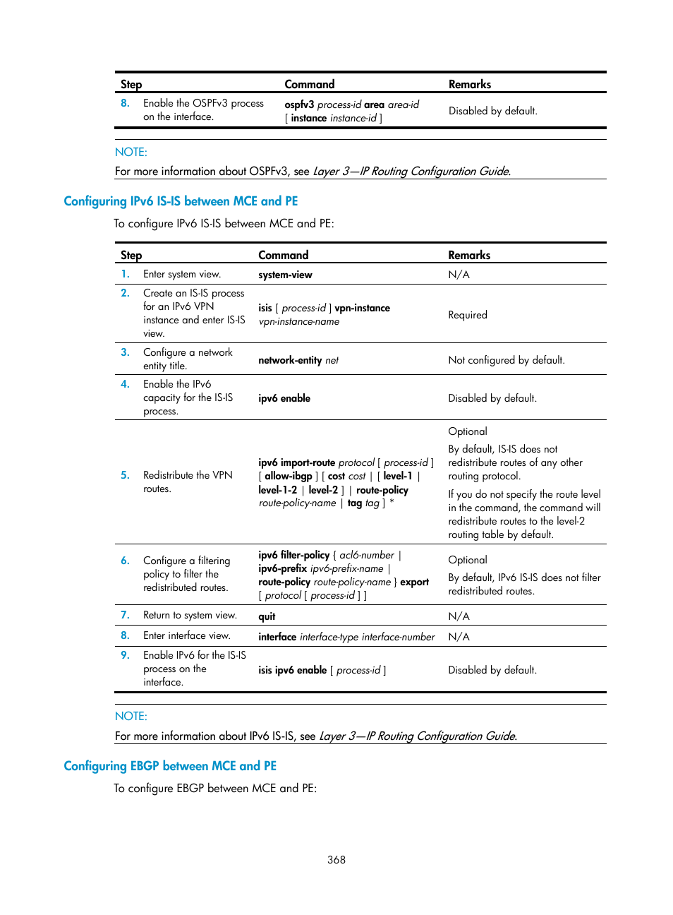 Configuring ipv6 is-is between mce and pe, Configuring ebgp between mce and pe | H3C Technologies H3C SR8800 User Manual | Page 379 / 410