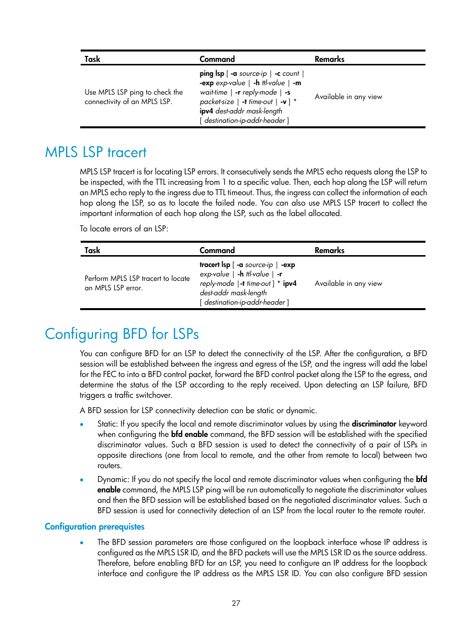 Mpls lsp tracert, Configuring bfd for lsps, Configuration prerequistes | H3C Technologies H3C SR8800 User Manual | Page 38 / 410