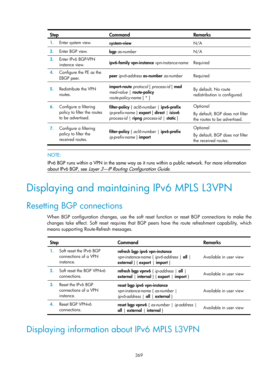 Displaying and maintaining ipv6 mpls l3vpn, Resetting bgp connections, Displaying information about ipv6 mpls l3vpn | H3C Technologies H3C SR8800 User Manual | Page 380 / 410