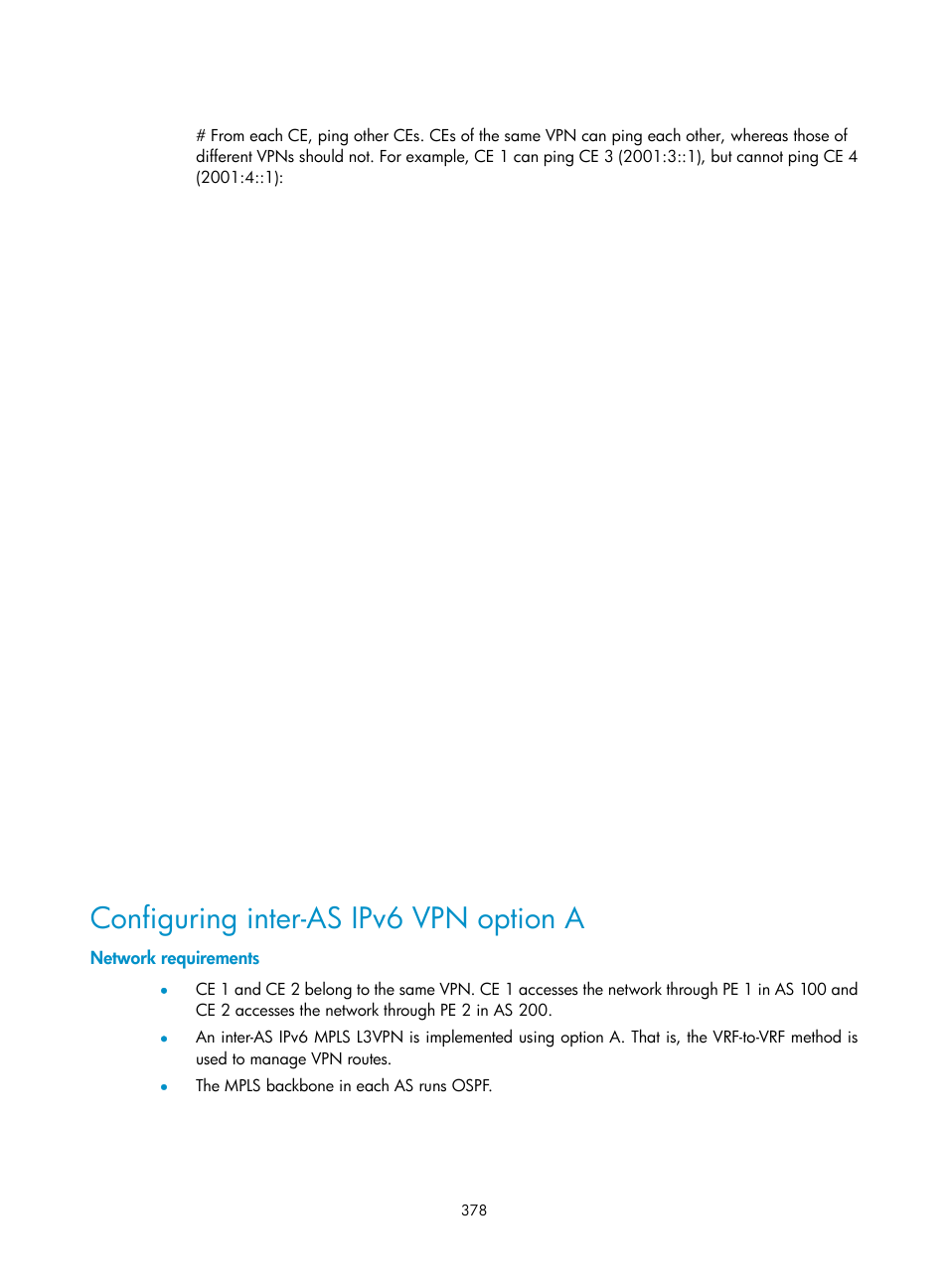 Configuring inter-as ipv6 vpn option a, Network requirements | H3C Technologies H3C SR8800 User Manual | Page 389 / 410