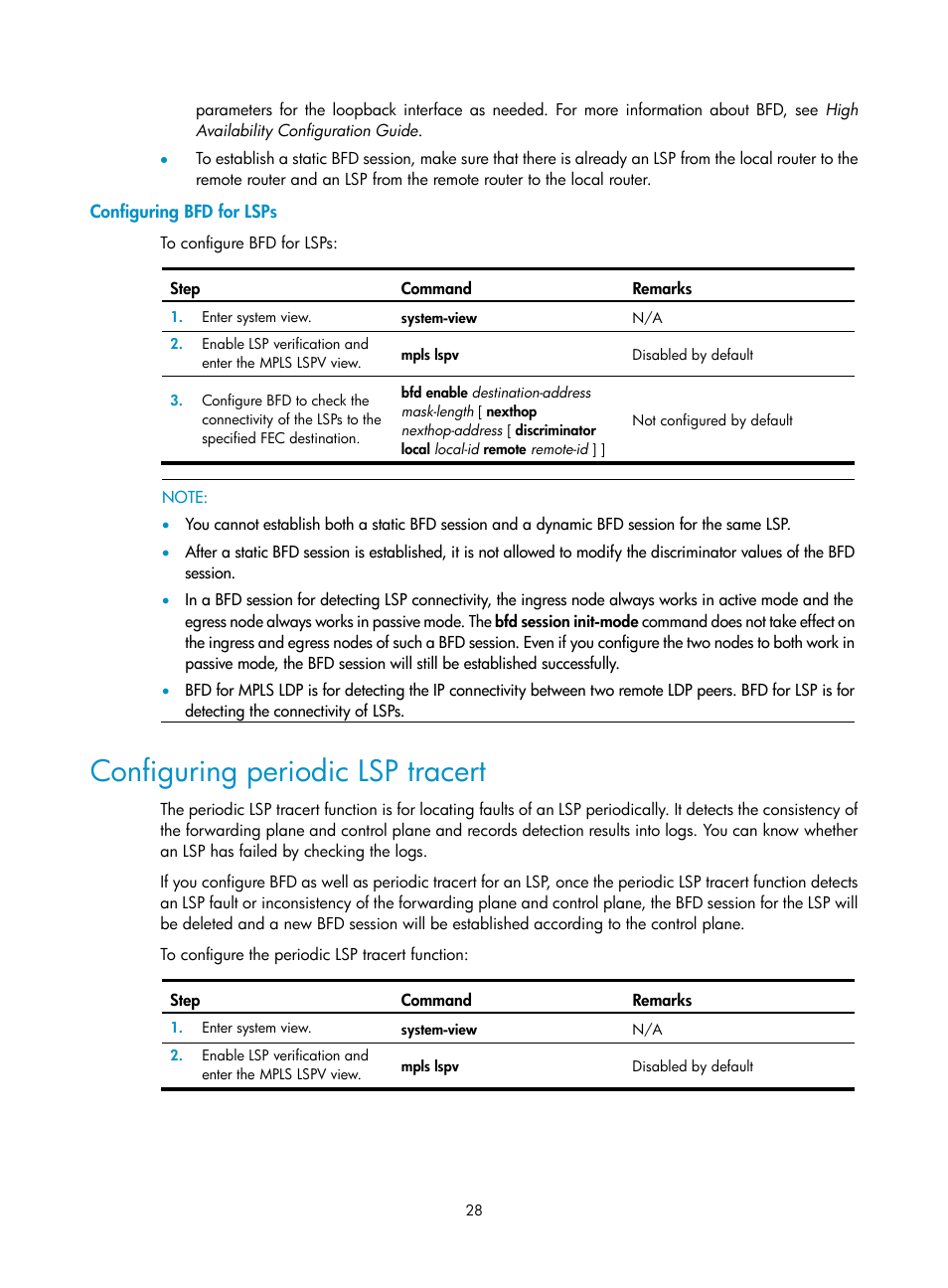 Configuring bfd for lsps, Configuring periodic lsp tracert | H3C Technologies H3C SR8800 User Manual | Page 39 / 410