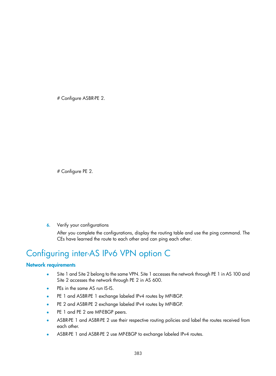 Configuring inter-as ipv6 vpn option c, Network requirements | H3C Technologies H3C SR8800 User Manual | Page 394 / 410