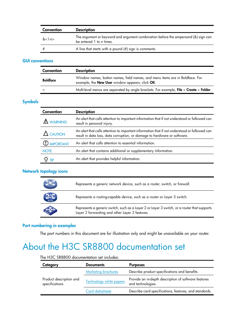 Gui conventions, Symbols, Network topology icons | Port numbering in examples, About the h3c sr8800 documentation set | H3C Technologies H3C SR8800 User Manual | Page 4 / 410