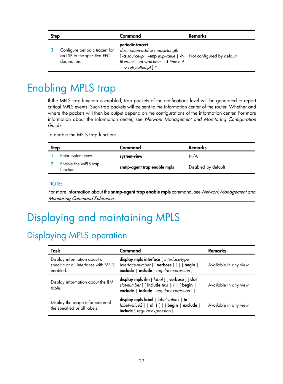 Enabling mpls trap, Displaying and maintaining mpls, Displaying mpls operation | H3C Technologies H3C SR8800 User Manual | Page 40 / 410