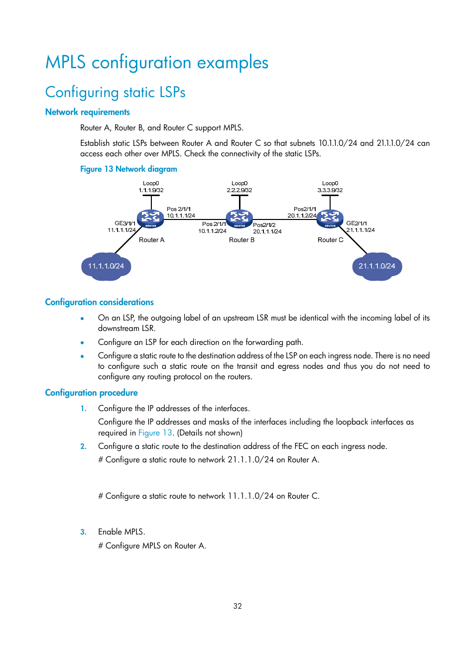 Mpls configuration examples, Configuring static lsps, Network requirements | Configuration considerations, Configuration procedure | H3C Technologies H3C SR8800 User Manual | Page 43 / 410