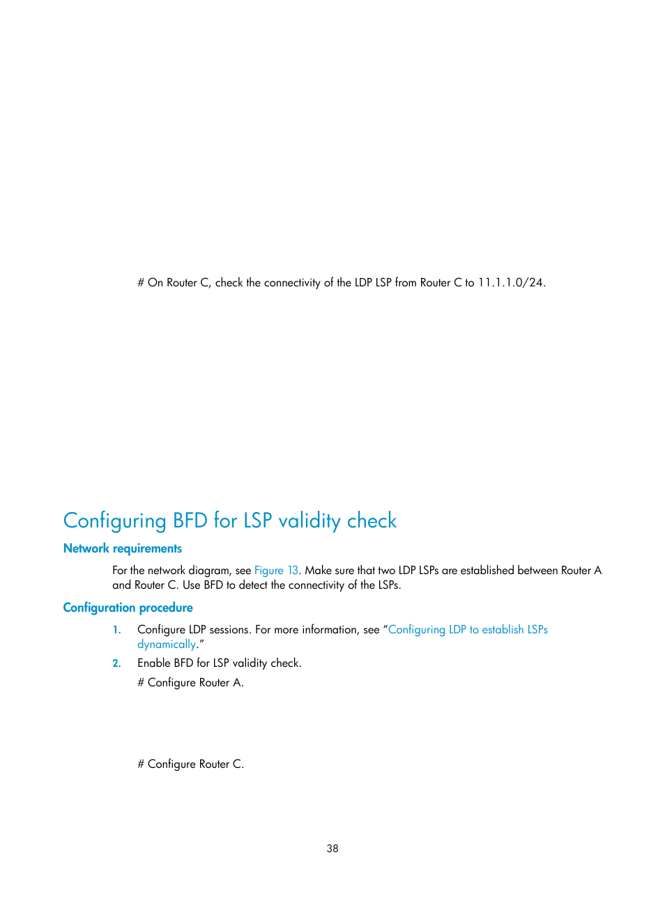 Configuring bfd for lsp validity check, Network requirements, Configuration procedure | H3C Technologies H3C SR8800 User Manual | Page 49 / 410