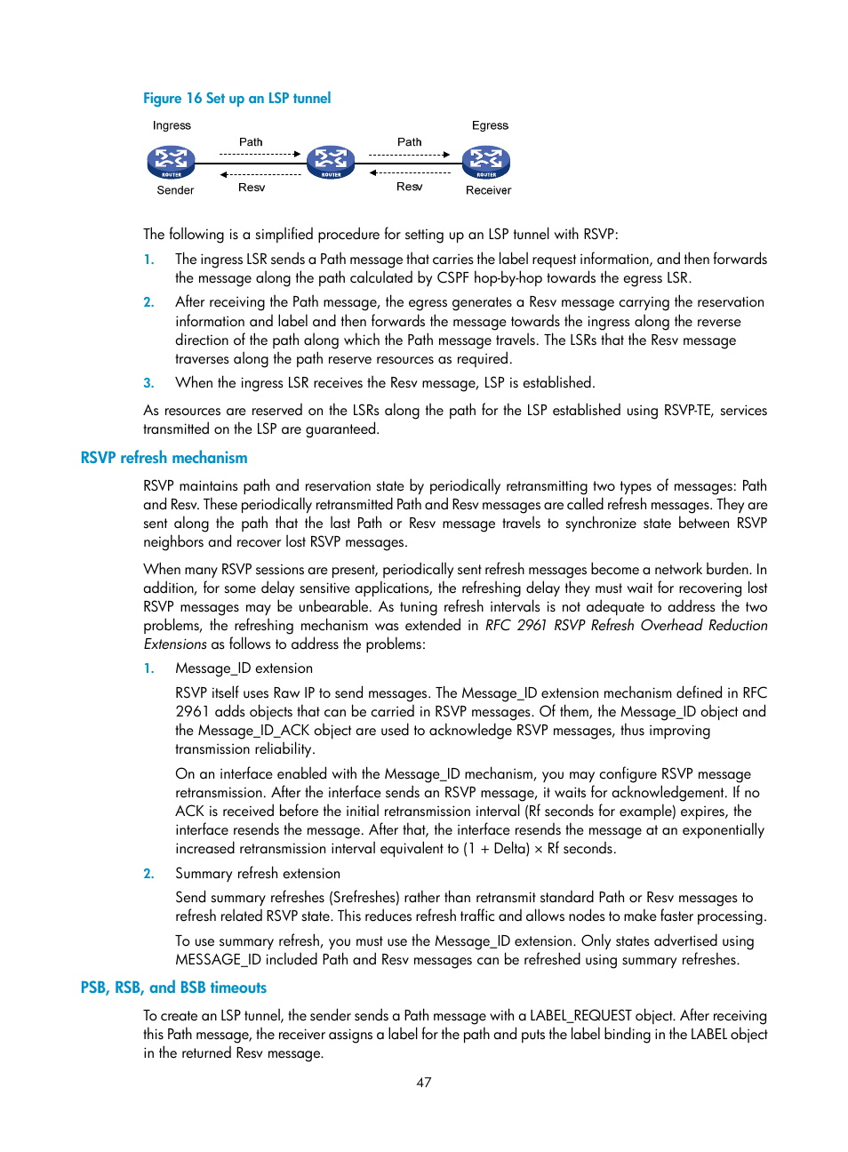 Rsvp refresh mechanism, Psb, rsb, and bsb timeouts | H3C Technologies H3C SR8800 User Manual | Page 58 / 410