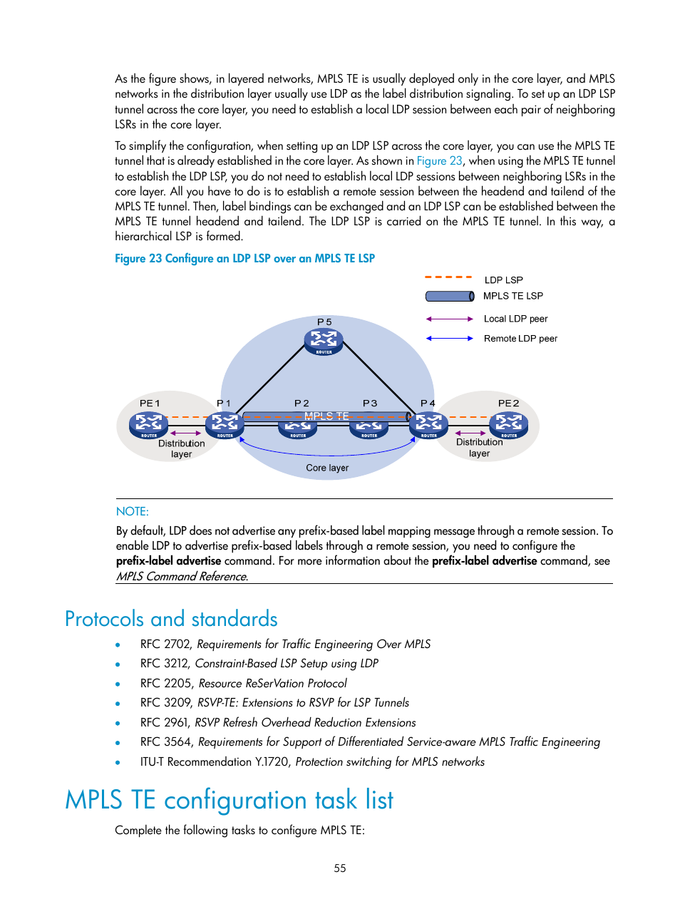 Protocols and standards, Mpls te configuration task list | H3C Technologies H3C SR8800 User Manual | Page 66 / 410