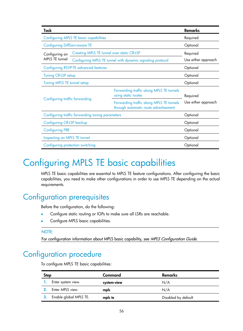 Configuring mpls te basic capabilities, Configuration prerequisites, Configuration procedure | H3C Technologies H3C SR8800 User Manual | Page 67 / 410