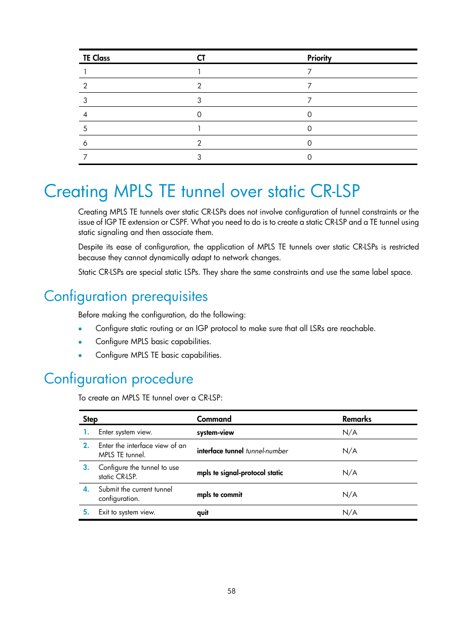 Creating mpls te tunnel over static cr-lsp, Configuration prerequisites, Configuration procedure | H3C Technologies H3C SR8800 User Manual | Page 69 / 410