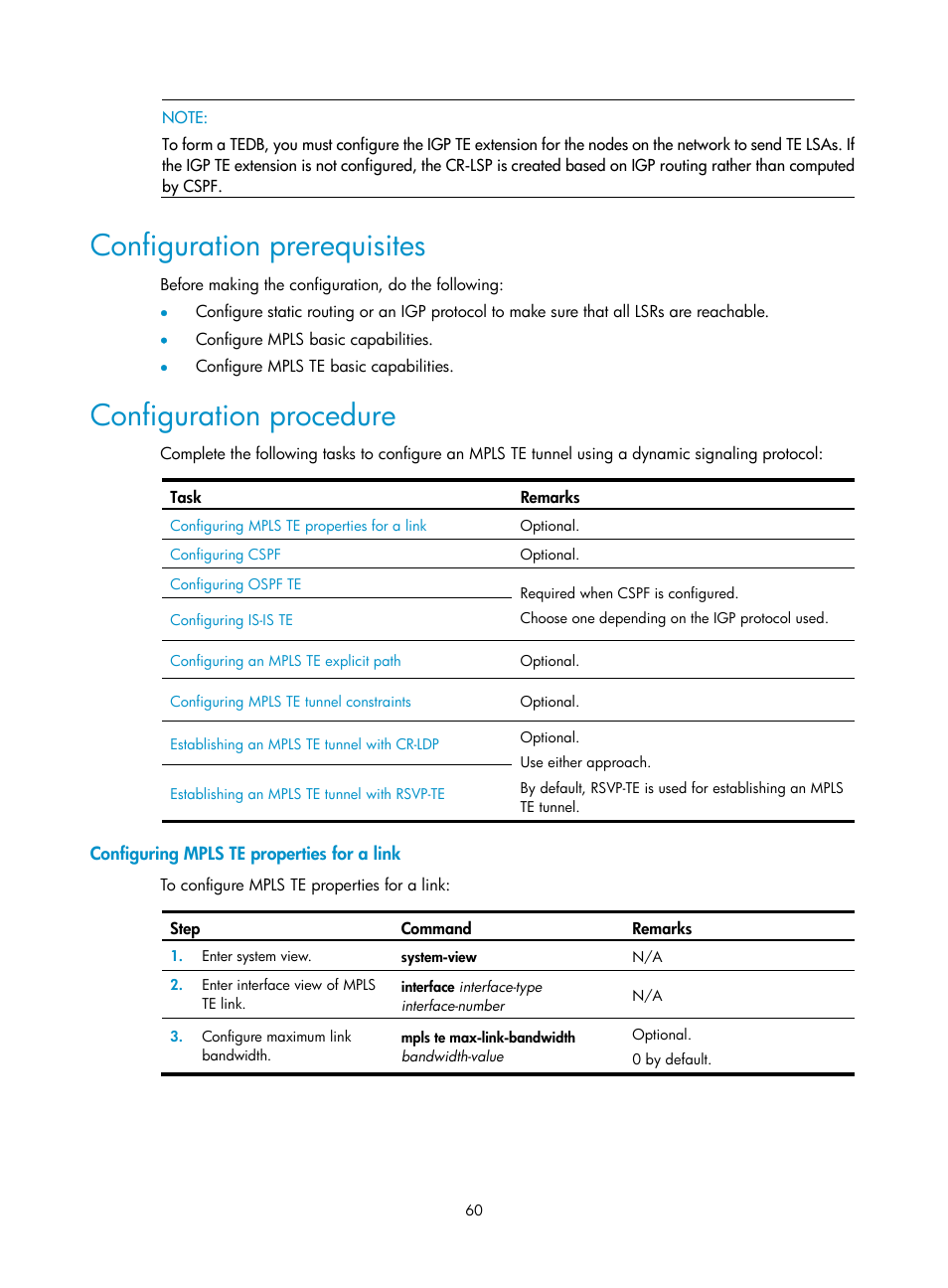 Configuration prerequisites, Configuration procedure, Configuring mpls te properties for a link | H3C Technologies H3C SR8800 User Manual | Page 71 / 410