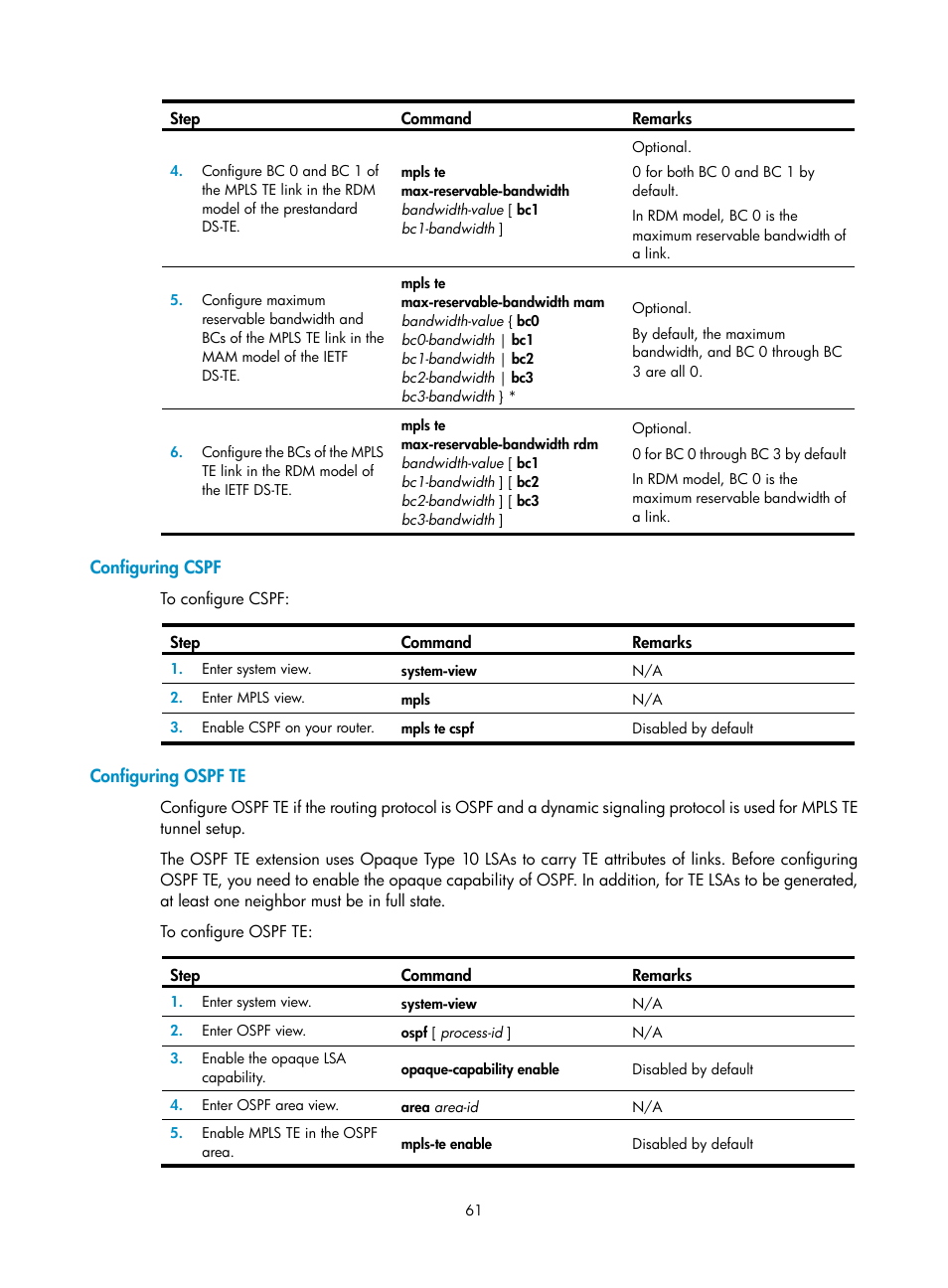 Configuring cspf, Configuring ospf te | H3C Technologies H3C SR8800 User Manual | Page 72 / 410