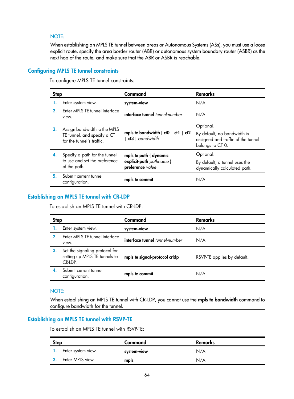 Configuring mpls te tunnel constraints, Establishing an mpls te tunnel with cr-ldp, Establishing an mpls te tunnel with rsvp-te | H3C Technologies H3C SR8800 User Manual | Page 75 / 410