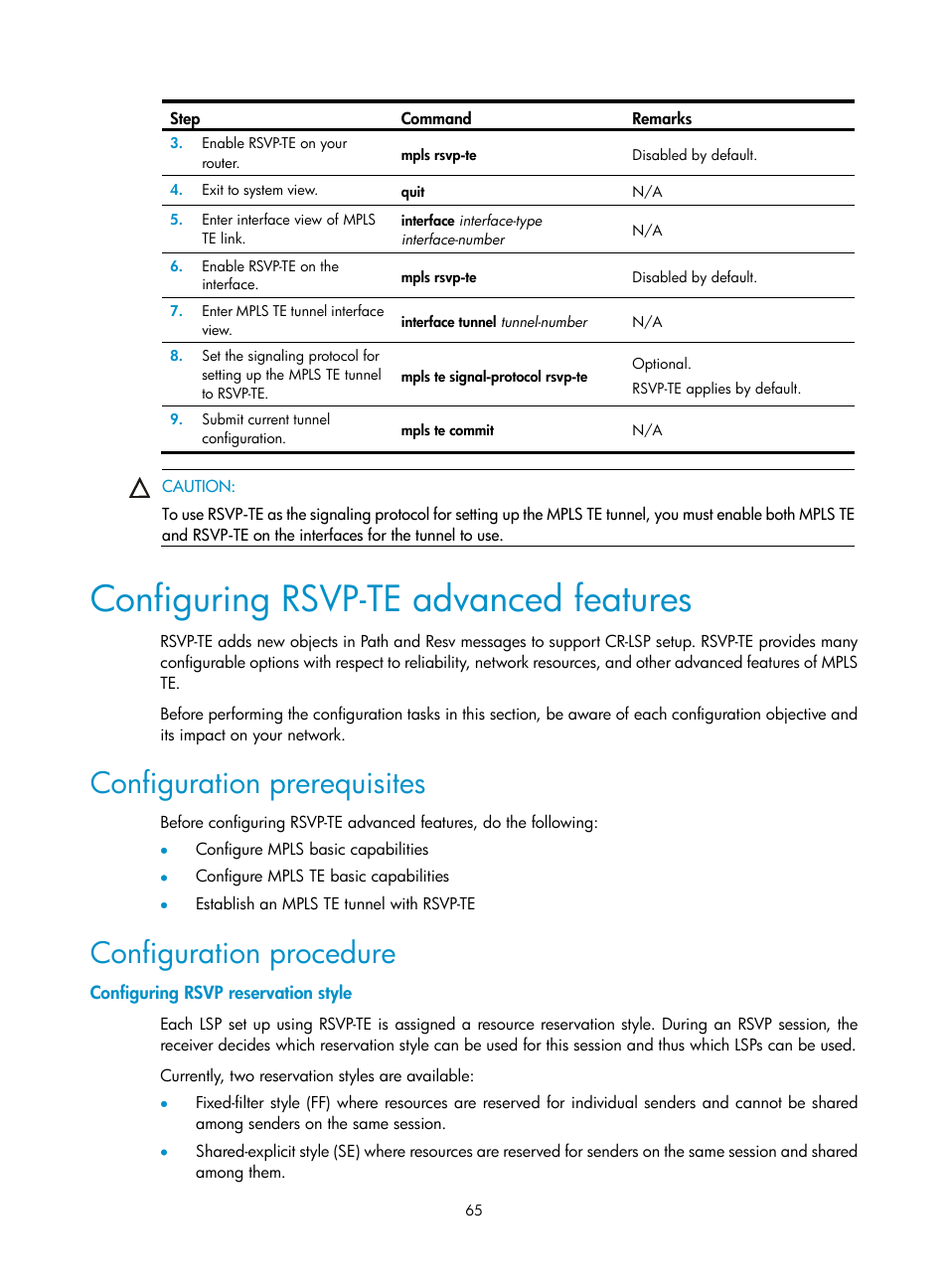 Configuring rsvp-te advanced features, Configuration prerequisites, Configuration procedure | Configuring rsvp reservation style | H3C Technologies H3C SR8800 User Manual | Page 76 / 410