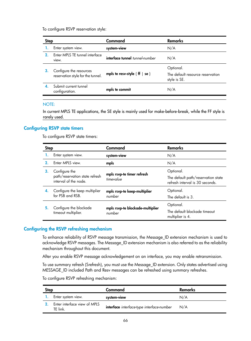 Configuring rsvp state timers, Configuring the rsvp refreshing mechanism | H3C Technologies H3C SR8800 User Manual | Page 77 / 410