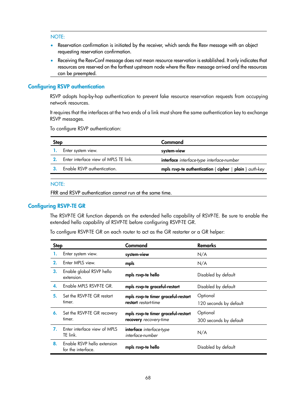Configuring rsvp authentication, Configuring rsvp-te gr | H3C Technologies H3C SR8800 User Manual | Page 79 / 410